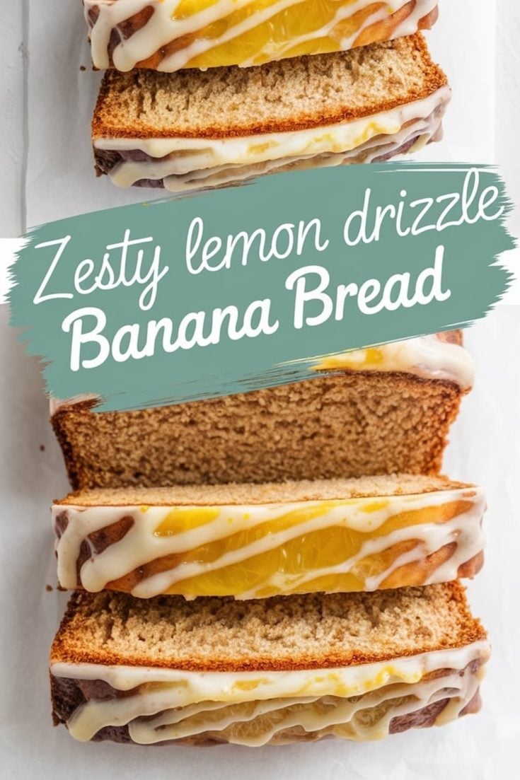 Slices of lemon drizzle banana bread on a white surface, showing a moist, tender texture with a glossy lemon glaze on top. A teal banner in the middle reads “Lemon Drizzle Banana Bread.”