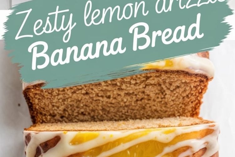 Slices of lemon drizzle banana bread on a white surface, showing a moist, tender texture with a glossy lemon glaze on top. A teal banner in the middle reads “Lemon Drizzle Banana Bread.”
