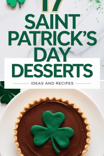 A Saint Patrick’s Day dessert featuring a chocolate tart with a smooth, glossy surface, topped with a green shamrock-shaped fondant decoration. The tart sits on a white plate, highlighting its golden, flaky crust. Above, bold green and gold text reads “17 Saint Patrick’s Day Desserts – Ideas and Recipes,” with a festive shamrock and green sugar sprinkles scattered on a marble background.