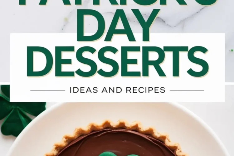 A Saint Patrick’s Day dessert featuring a chocolate tart with a smooth, glossy surface, topped with a green shamrock-shaped fondant decoration. The tart sits on a white plate, highlighting its golden, flaky crust. Above, bold green and gold text reads “17 Saint Patrick’s Day Desserts – Ideas and Recipes,” with a festive shamrock and green sugar sprinkles scattered on a marble background.
