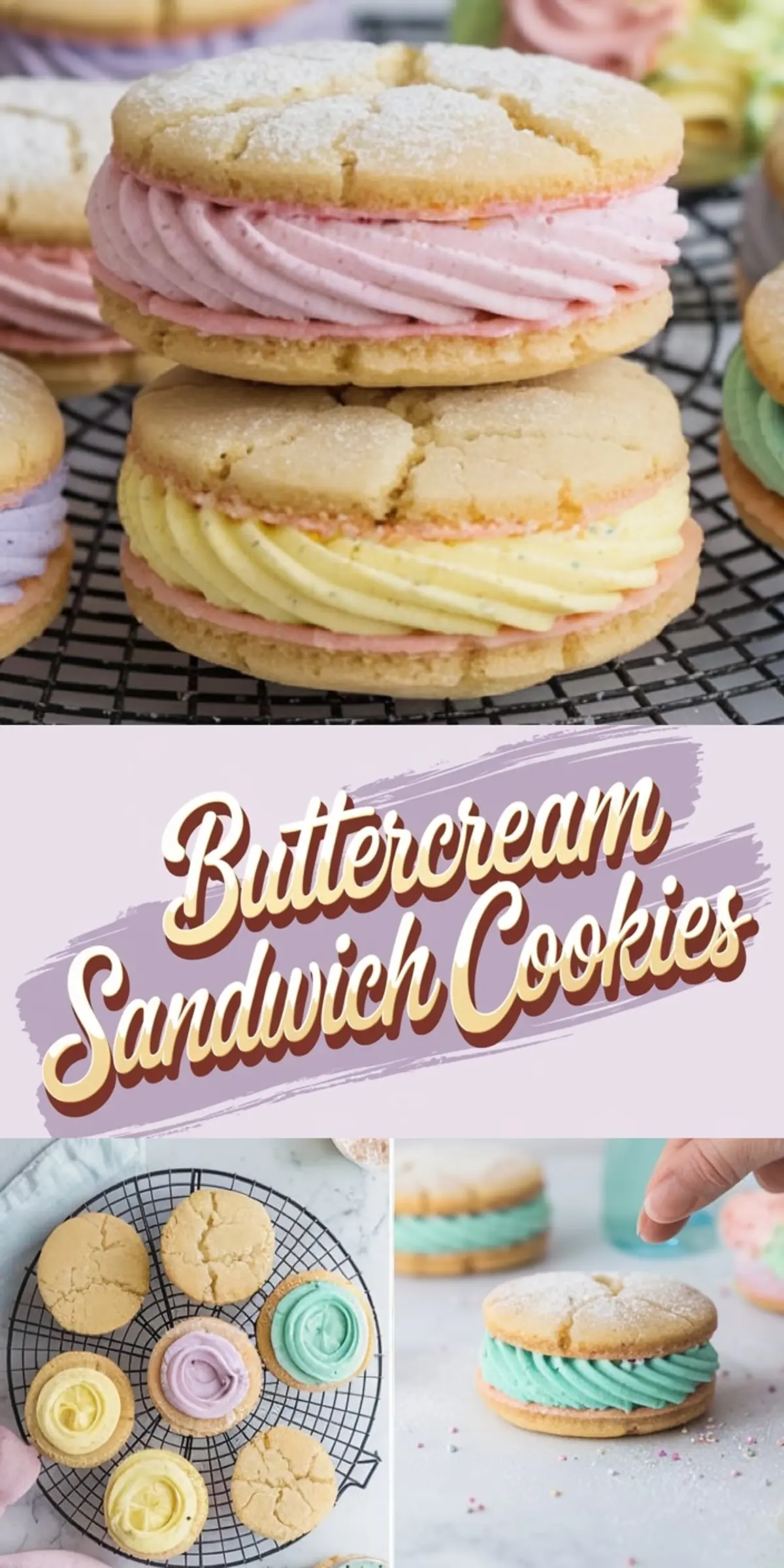 A collage featuring close-up shots of buttercream sandwich cookies with pastel-colored frosting in pink, yellow, and green, piped between soft sugar cookies. The top image highlights cookies on a cooling rack with a dusting of powdered sugar. The bottom section shows the frosting process and a hand reaching for a completed cookie. A text overlay reads “Buttercream Sandwich Cookies” in a playful font.