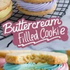 A collage displaying buttercream-filled cookies with soft, golden-brown sugar cookies and pastel buttercream swirls in purple, yellow, blue, and pink. The top image focuses on whole cookies, while the bottom section showcases a cookie broken in half, revealing colorful layers of buttercream filling. A decorative text overlay reads “Buttercream Filled Cookie.”