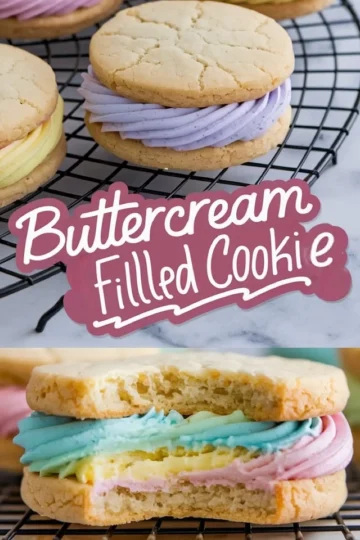 A collage displaying buttercream-filled cookies with soft, golden-brown sugar cookies and pastel buttercream swirls in purple, yellow, blue, and pink. The top image focuses on whole cookies, while the bottom section showcases a cookie broken in half, revealing colorful layers of buttercream filling. A decorative text overlay reads “Buttercream Filled Cookie.”