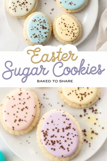 A plate of Easter sugar cookies with pastel-colored icing in blue, yellow, pink, and purple, sprinkled with chocolate flakes. The cookies are egg-shaped, arranged on a white plate with a soft, neutral background. A decorative text overlay reads “Easter Sugar Cookies - Baked to Share.”