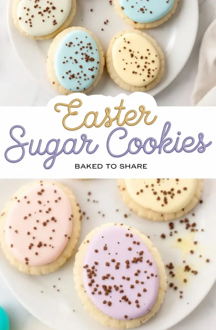 A plate of Easter sugar cookies with pastel-colored icing in blue, yellow, pink, and purple, sprinkled with chocolate flakes. The cookies are egg-shaped, arranged on a white plate with a soft, neutral background. A decorative text overlay reads “Easter Sugar Cookies - Baked to Share.”