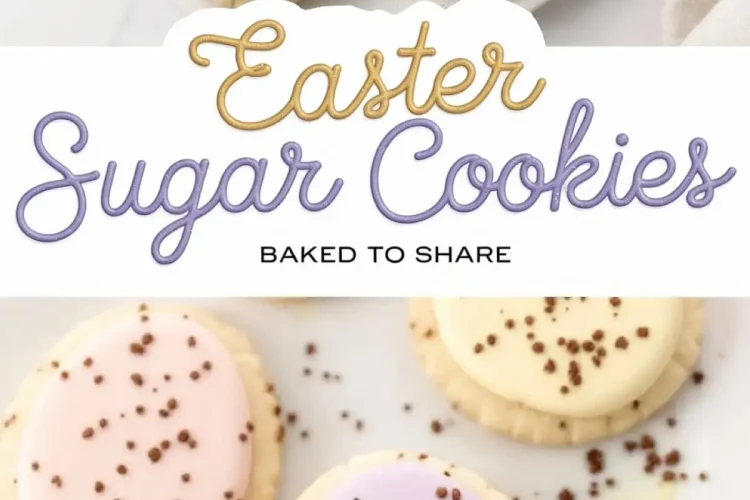 A plate of Easter sugar cookies with pastel-colored icing in blue, yellow, pink, and purple, sprinkled with chocolate flakes. The cookies are egg-shaped, arranged on a white plate with a soft, neutral background. A decorative text overlay reads “Easter Sugar Cookies - Baked to Share.”