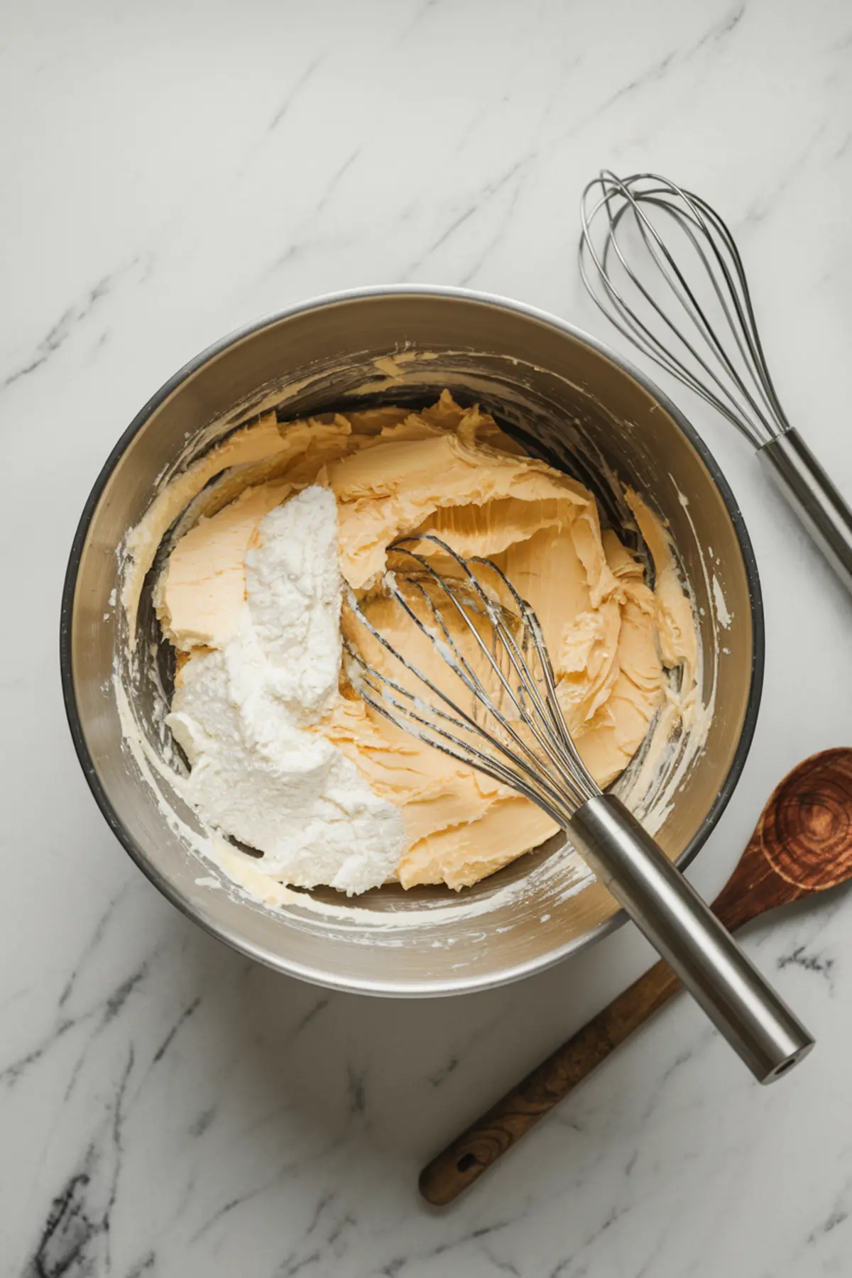 A mixing bowl with partially combined butter and dry ingredients for making sugar cookie dough. Two metal whisks and a wooden spoon rest on a marble countertop.