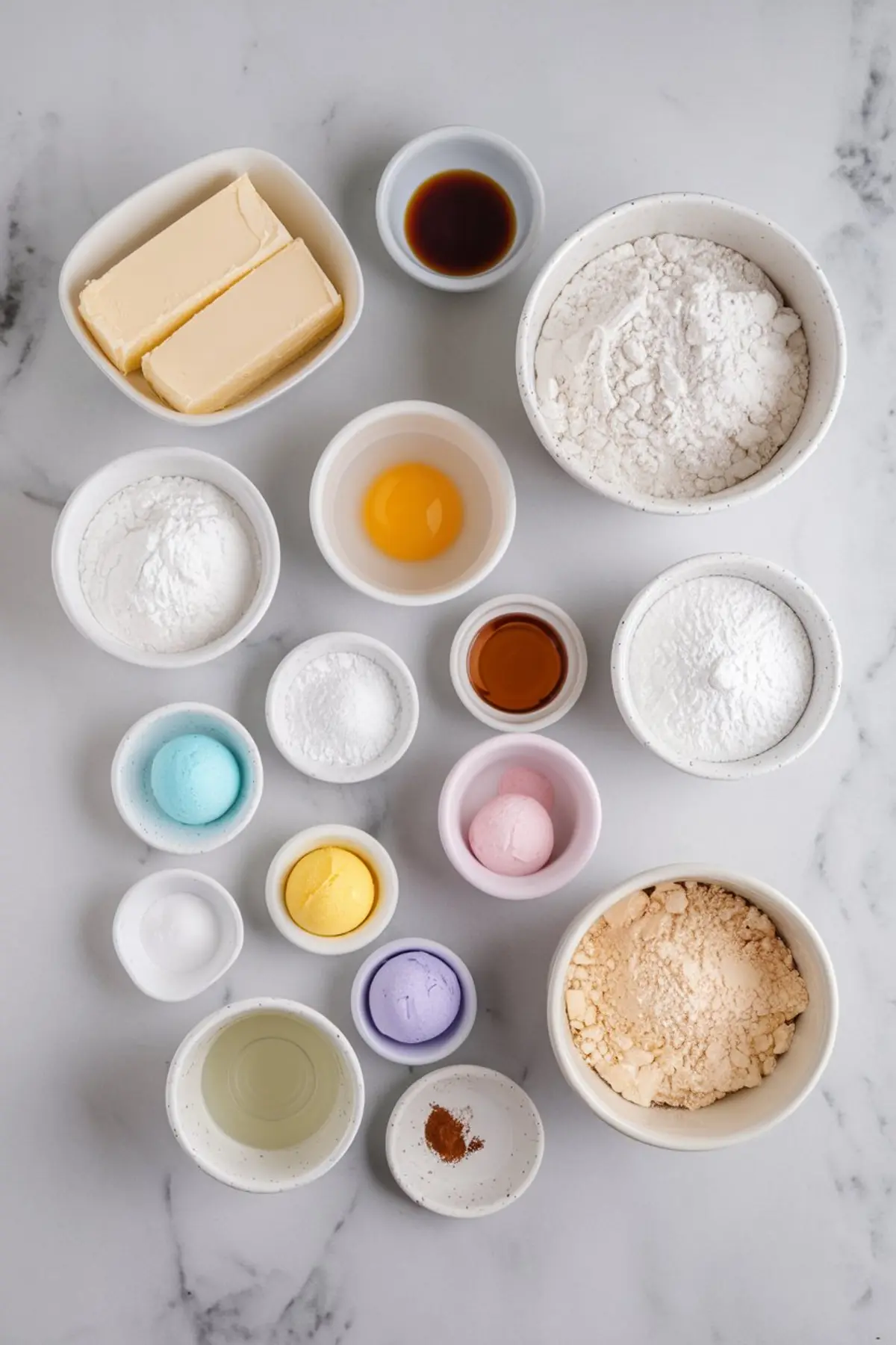 A flat lay of neatly arranged baking ingredients for Easter sugar cookies. The assortment includes flour, butter, sugar, egg, vanilla extract, food coloring, and powdered sugar in small white bowls on a marble surface.