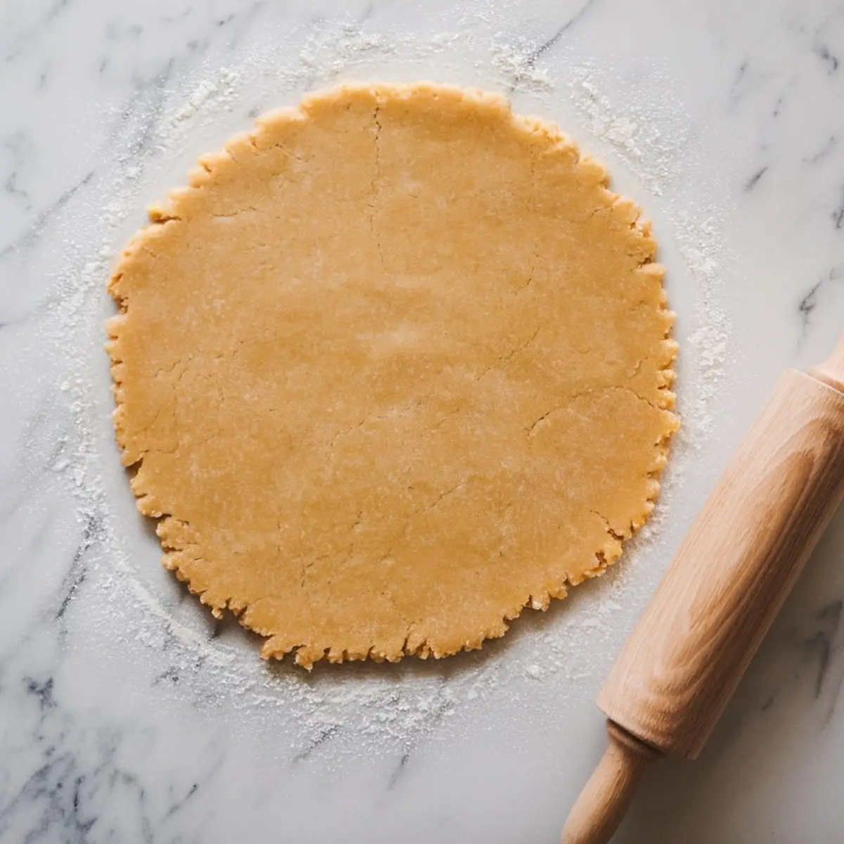 A sheet of sugar cookie dough rolled out on a floured marble surface, with a wooden rolling pin resting beside it, ready for cutting into shapes.