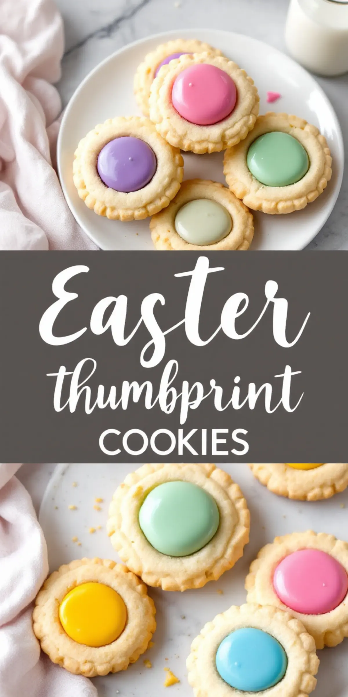 A collage showcasing Easter thumbprint cookies with scalloped edges, filled with smooth pastel icing in shades of pink, purple, yellow, green, and blue. The top view captures a plate with stacked cookies, while the bottom view displays them arranged on a marble surface with crumbs and a soft napkin nearby.