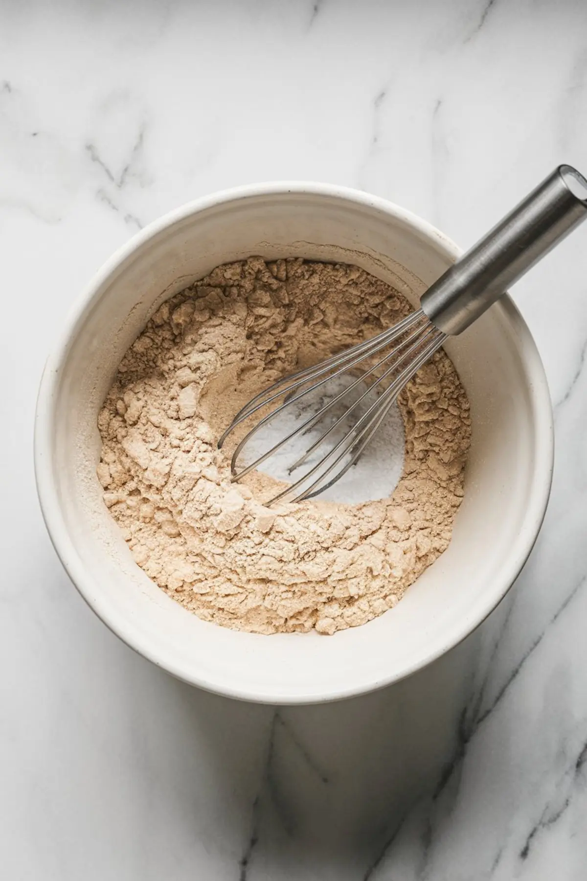 Mixing bowl filled with almond flour, baking powder, and sugar, with a stainless steel whisk resting on top, set on a marble countertop.