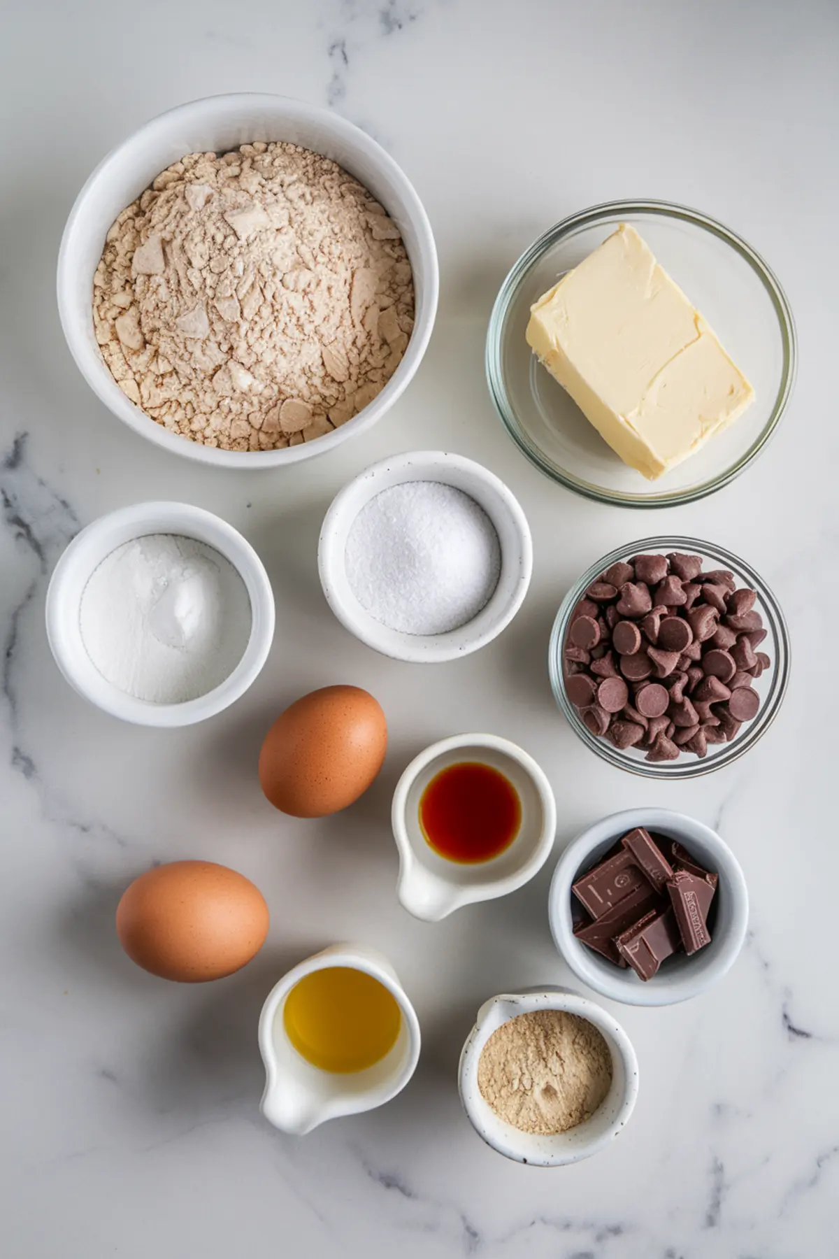 Overhead view of baking ingredients arranged on a marble surface, including almond flour, butter, eggs, sugar, baking powder, vanilla extract, oil, and chocolate chips, prepared for making almond flour chocolate chip cookies.