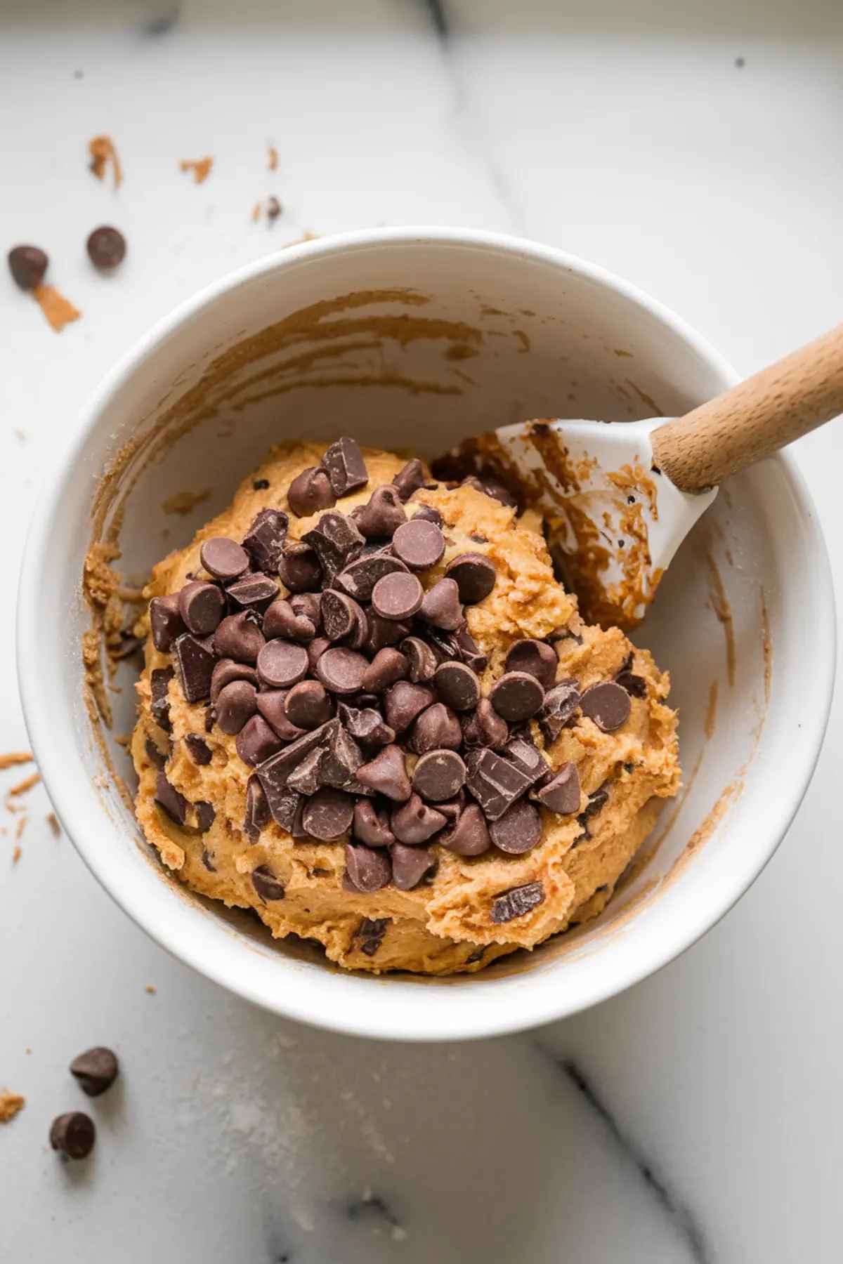 Mixing bowl filled with almond flour, baking powder, and sugar, with a stainless steel whisk resting on top, set on a marble countertop.