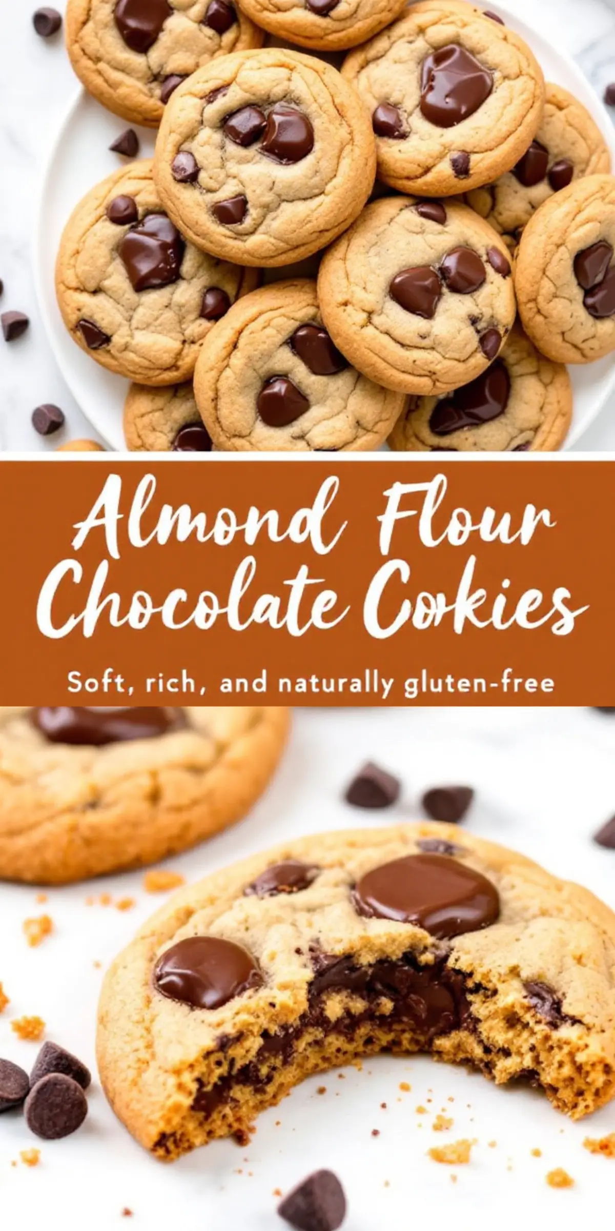 Collage of almond flour chocolate chip cookies arranged on a plate with scattered chocolate chips and almond slices. The bottom half features a close-up of a bitten cookie with melted chocolate. The text overlay emphasizes “Almond Flour Chocolate Chip Cookies.”