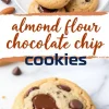 Collage of almond flour chocolate chip cookies, with whole cookies on a plate and a single bitten cookie at the bottom. The text overlay highlights “Almond Flour Chocolate Chip Cookies” in a mix of handwritten and bold fonts.