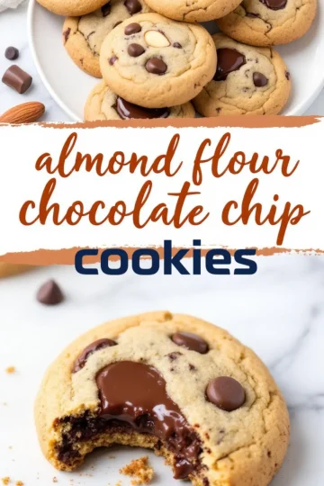 Collage of almond flour chocolate chip cookies, with whole cookies on a plate and a single bitten cookie at the bottom. The text overlay highlights “Almond Flour Chocolate Chip Cookies” in a mix of handwritten and bold fonts.