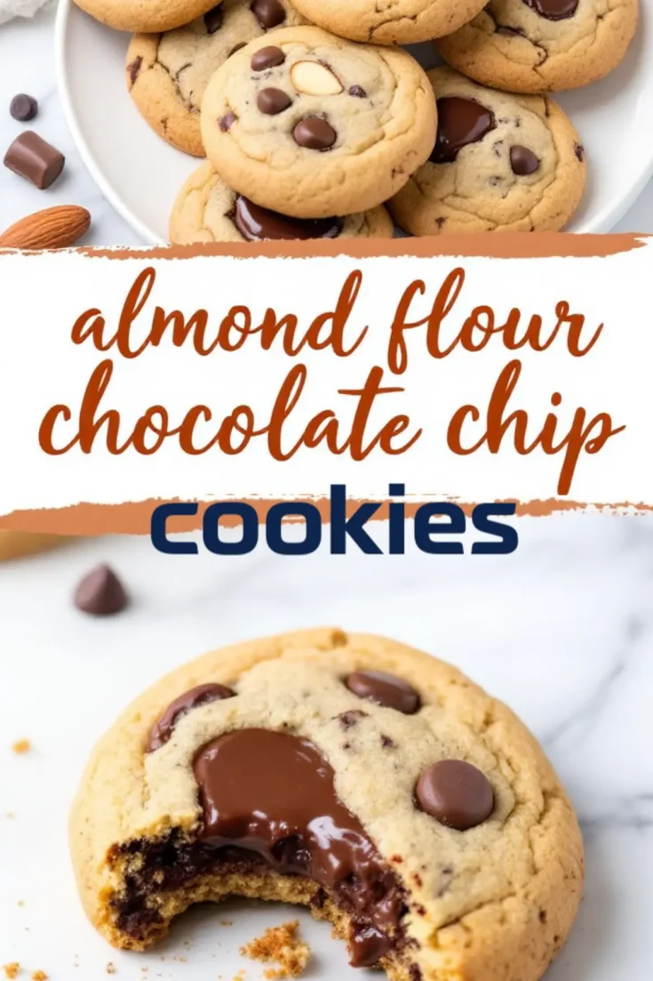 Collage of almond flour chocolate chip cookies, with whole cookies on a plate and a single bitten cookie at the bottom. The text overlay highlights “Almond Flour Chocolate Chip Cookies” in a mix of handwritten and bold fonts.