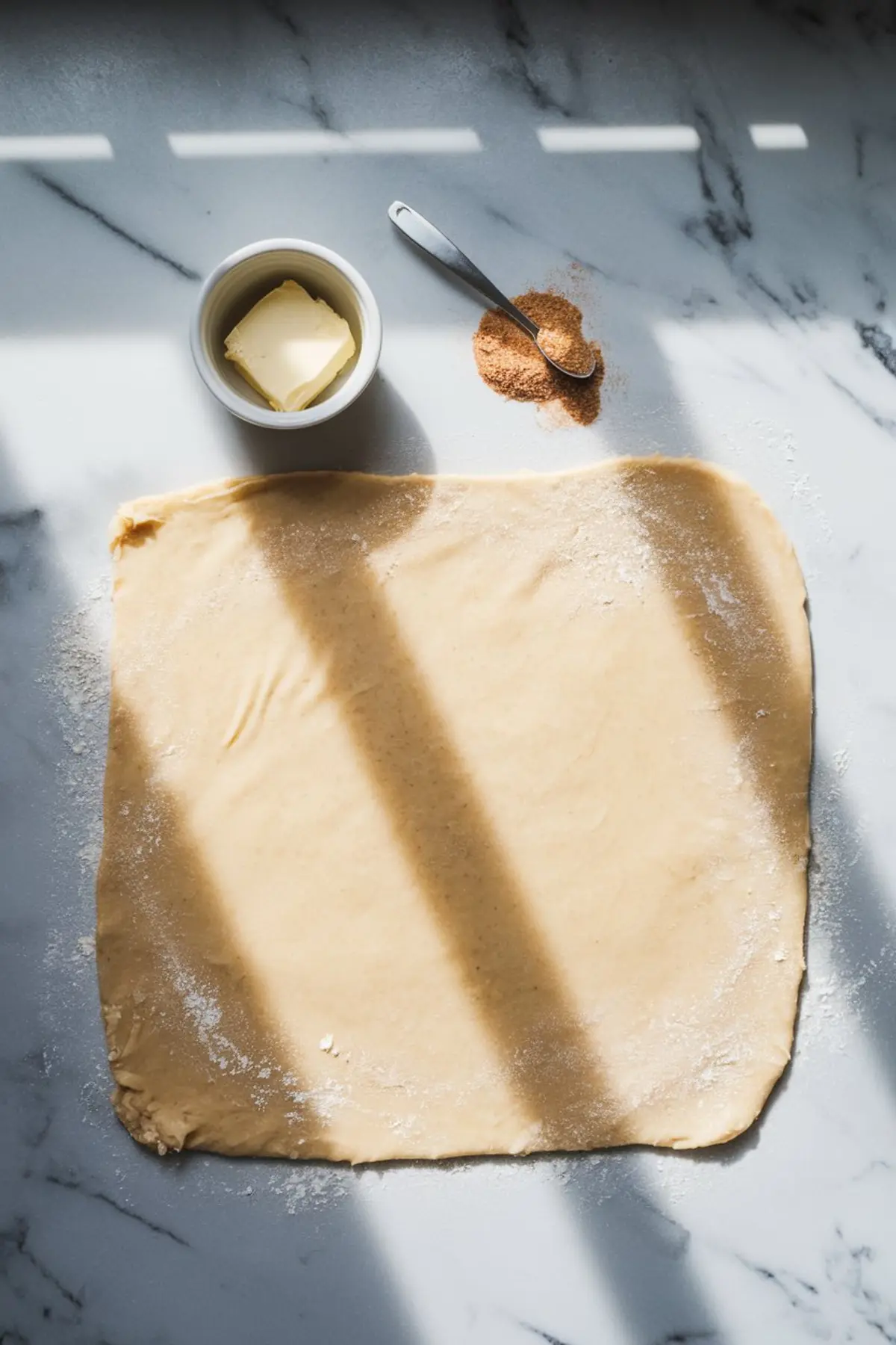 A sheet of cinnamon roll dough is rolled out on a lightly floured marble countertop, with softened butter in a small bowl and a spoonful of cinnamon sugar beside it. Sunlight casts soft shadows across the scene.