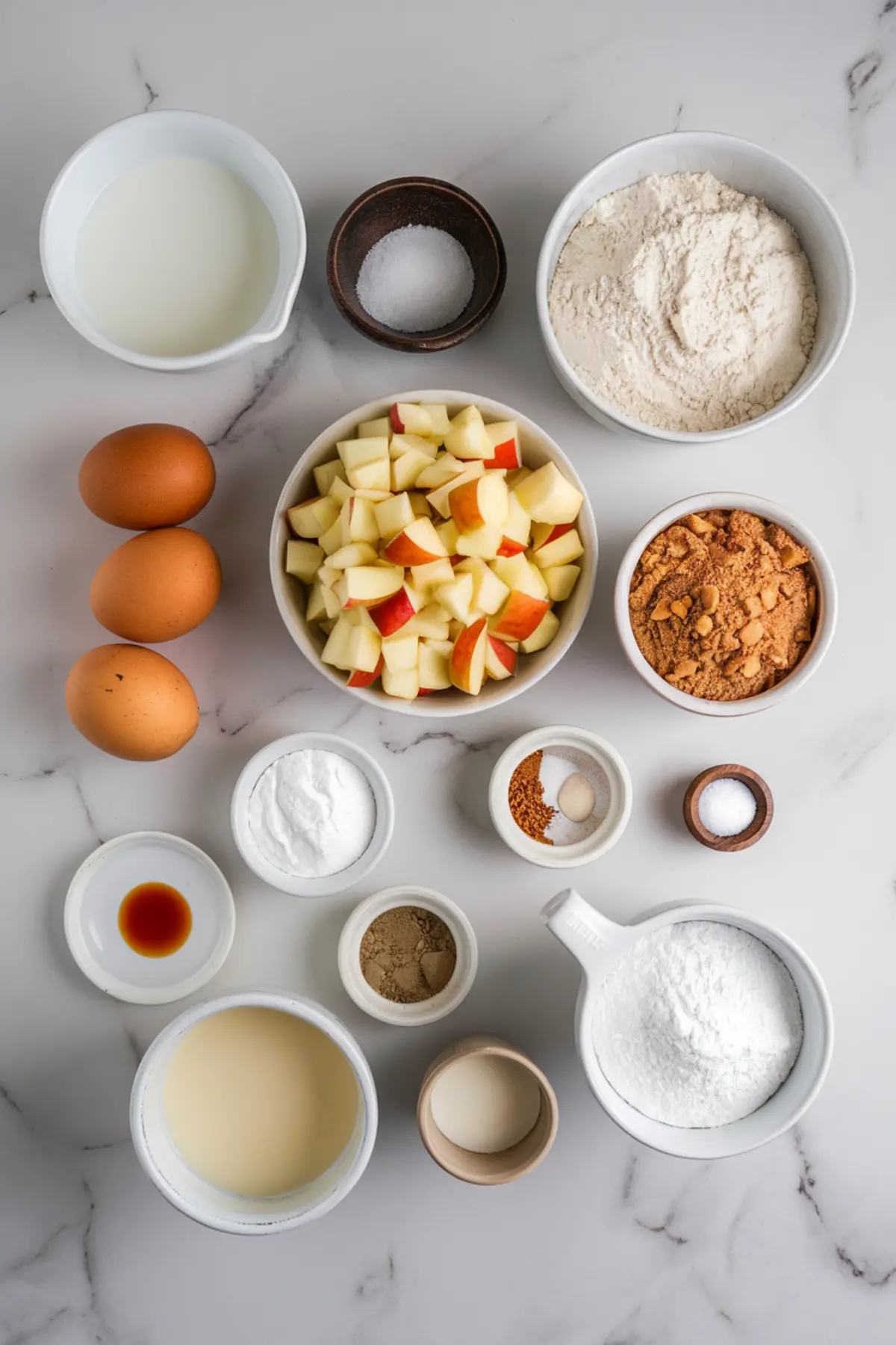 A flat lay of apple pie cinnamon roll ingredients on a white marble surface, including chopped apples, eggs, flour, brown sugar, milk, vanilla extract, baking powder, and various spices in small bowls.