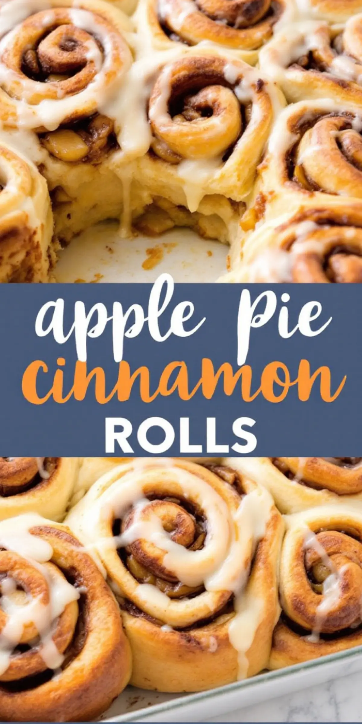 A close-up of warm apple pie cinnamon rolls in a baking dish, drizzled with creamy icing. The rolls are golden brown with visible chunks of spiced apples in the swirls. A bold text overlay reads “apple pie cinnamon rolls.”