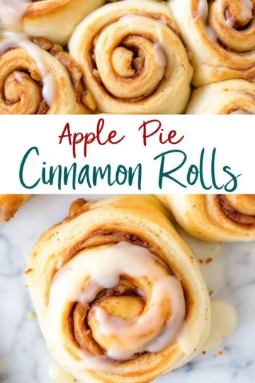 A close-up of gooey apple pie cinnamon rolls with a thick icing drizzle. The golden-brown swirls are packed with cinnamon and apple filling. A text overlay in a modern script reads “Apple Pie Cinnamon Rolls.”