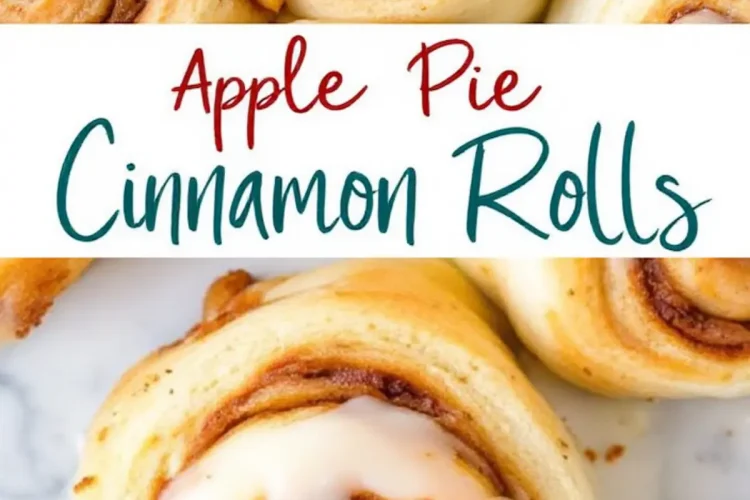 A close-up of gooey apple pie cinnamon rolls with a thick icing drizzle. The golden-brown swirls are packed with cinnamon and apple filling. A text overlay in a modern script reads “Apple Pie Cinnamon Rolls.”