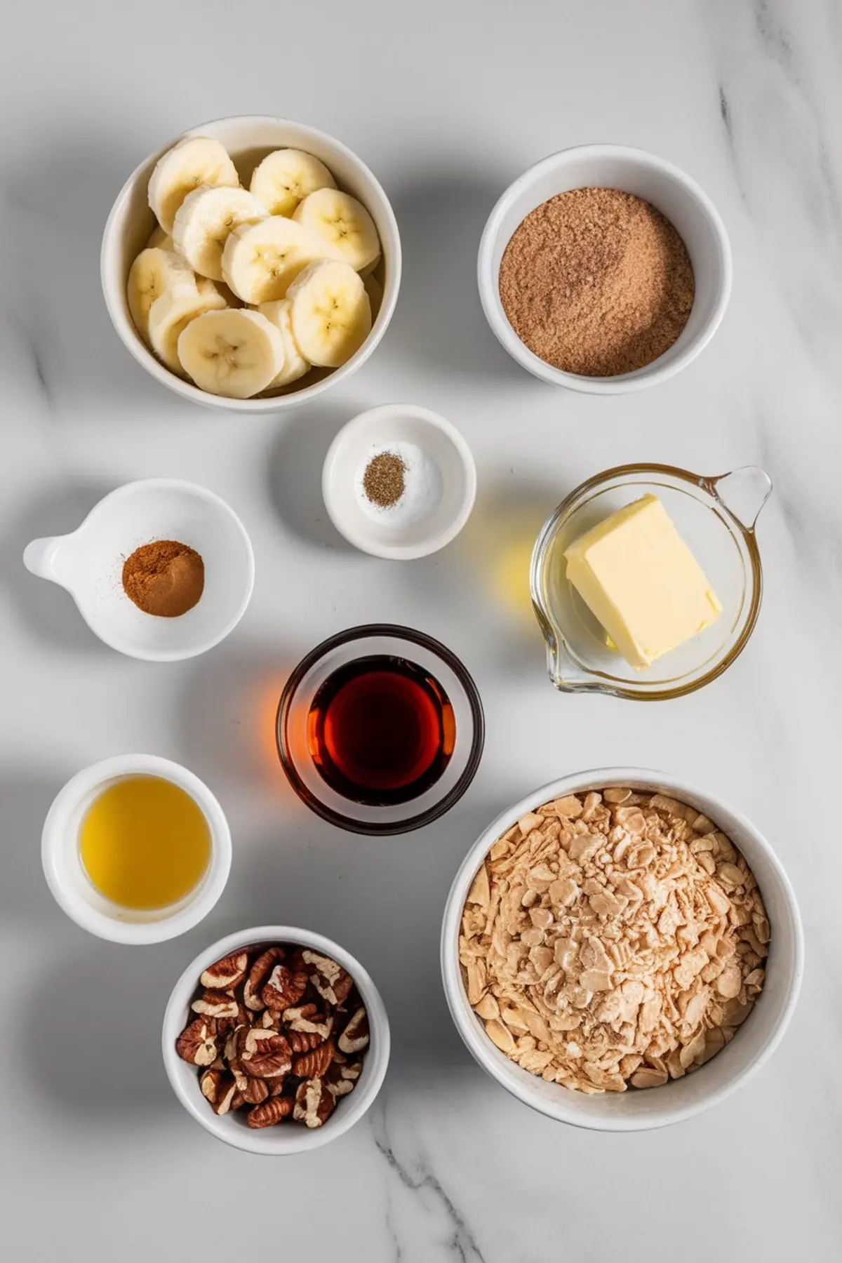 A flat-lay image of banana foster dump cake ingredients arranged in small bowls on a white marble surface. Ingredients include sliced bananas, brown sugar, cinnamon, butter, chopped pecans, dark rum, vanilla extract, baking mix, and a small dish of salt and pepper.