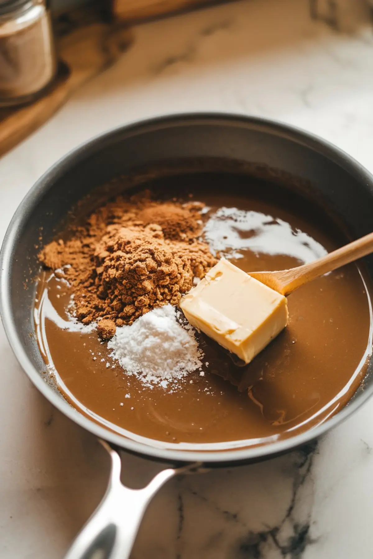 A saucepan filled with a thick caramel sauce in the process of being made. A wooden spatula is partially submerged, stirring in butter, brown sugar, cinnamon, and salt.