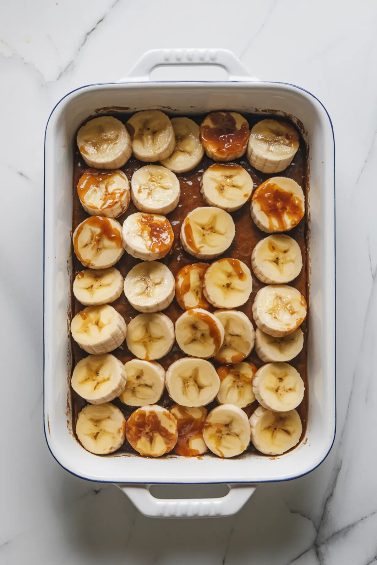 A white baking dish with a layer of sliced bananas arranged over a caramel sauce base. Some banana slices are lightly coated in the glossy, rich caramel.