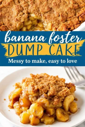 banana foster dump cake image with a scoop removed, revealing soft caramelized bananas beneath the golden brown crumble topping. A plated serving sits on a white dish, highlighting the gooey, sweet interior. The text overlay reads, “Banana Foster Dump Cake – Messy to make, easy to love.”