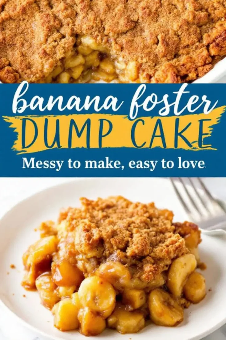banana foster dump cake image with a scoop removed, revealing soft caramelized bananas beneath the golden brown crumble topping. A plated serving sits on a white dish, highlighting the gooey, sweet interior. The text overlay reads, “Banana Foster Dump Cake – Messy to make, easy to love.”