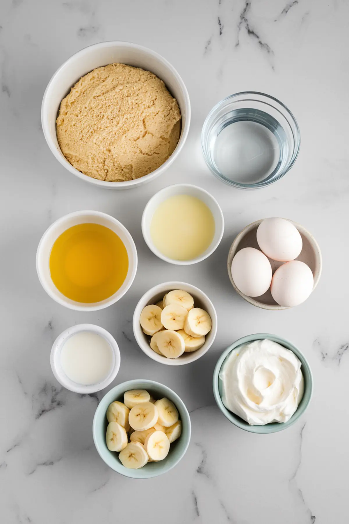 Overhead view of neatly arranged baking ingredients on a marble countertop, including cake mix, water, vegetable oil, eggs, sliced bananas, yogurt, lemon juice, and milk, prepared for making a banana pudding poke cake.