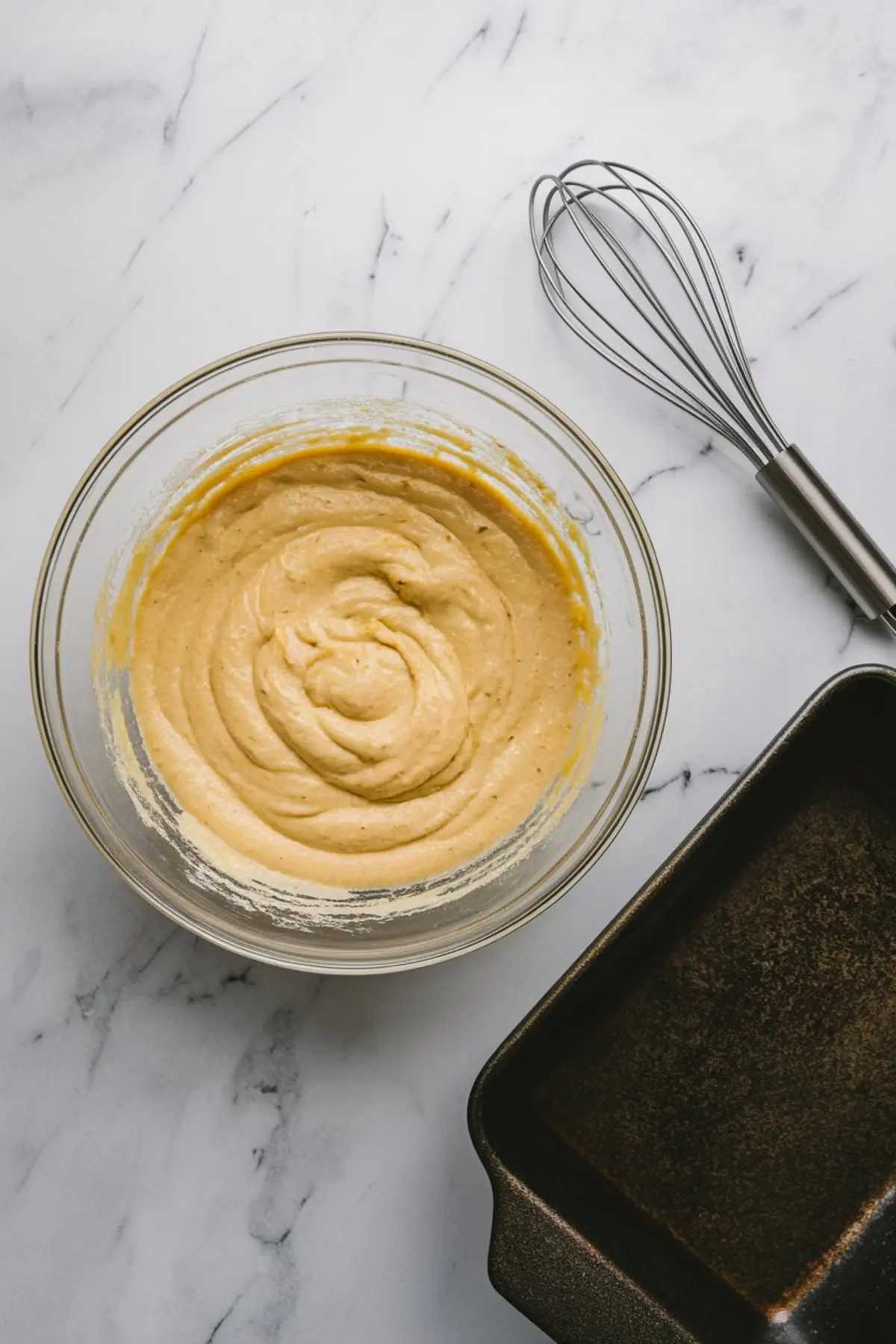 Glass bowl containing smooth, creamy banana cake batter, placed next to a metal whisk and a dark baking pan on a marble surface.