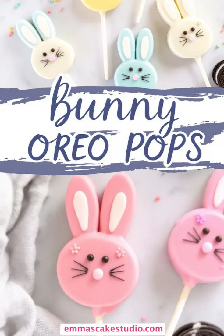 Close-up of pastel pink bunny-shaped Oreo pops with edible decorations. The bunnies have white candy ears, black whiskers drawn with an edible marker, chocolate chip eyes, and a pink candy nose. Text overlay reads “Bunny Oreo Pops” with a website link “emmascakestudio.com.”