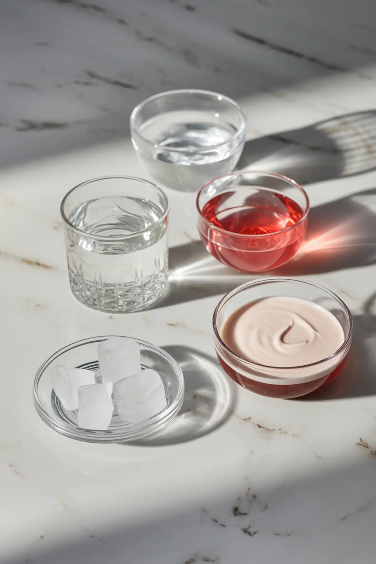 Ingredients for the Bunny Peep-Tini cocktail displayed on a marble countertop. Bowls contain clear liquid, pink cream liqueur, red syrup, and ice cubes, arranged aesthetically with natural light and shadows.