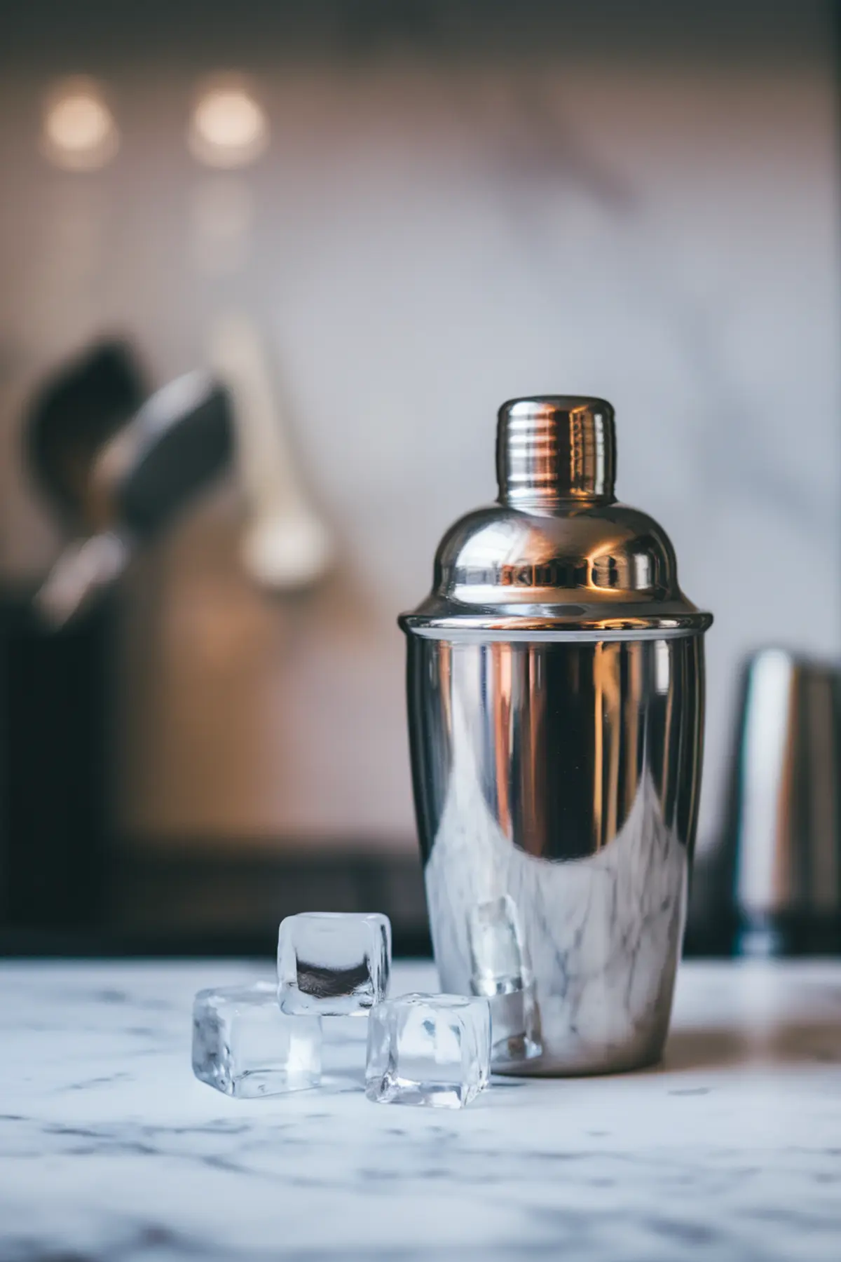 Stainless steel cocktail shaker with ice cubes on a marble countertop. The background is softly blurred, creating a modern, elegant setting for cocktail preparation.