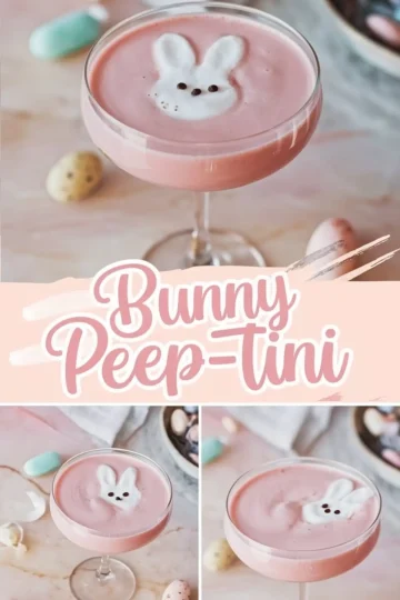 Collage image of a pink Bunny Peep-Tini cocktail in a coupe glass topped with a bunny-shaped foam garnish. Pastel Easter eggs and delicate typography enhance the whimsical, festive atmosphere.
