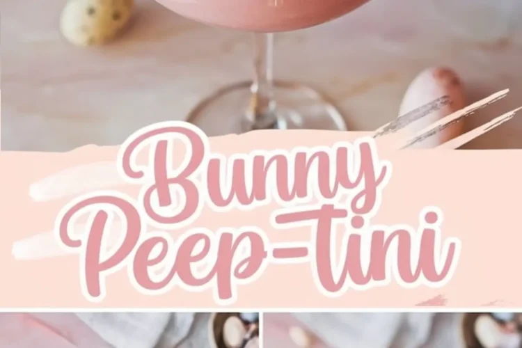 Collage image of a pink Bunny Peep-Tini cocktail in a coupe glass topped with a bunny-shaped foam garnish. Pastel Easter eggs and delicate typography enhance the whimsical, festive atmosphere.