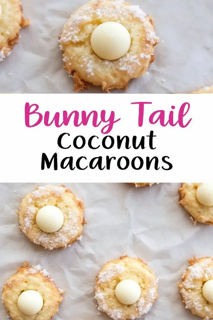 A collage of “Bunny Tail Coconut Macaroons” featuring a close-up of the cookies on parchment paper with a decorative text overlay in pink and black, highlighting the festive treat.