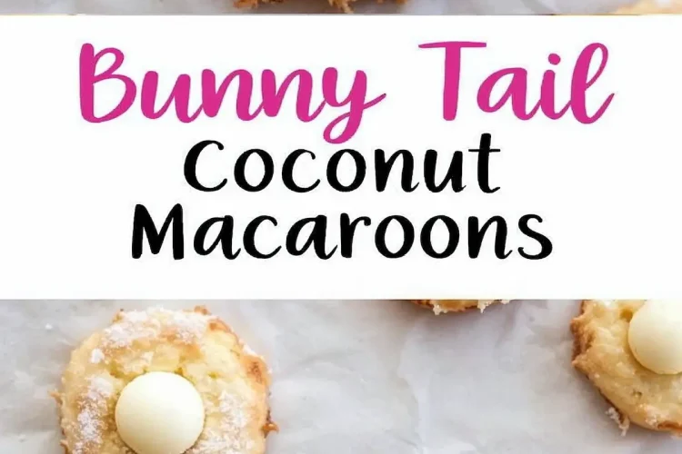 A collage of “Bunny Tail Coconut Macaroons” featuring a close-up of the cookies on parchment paper with a decorative text overlay in pink and black, highlighting the festive treat.