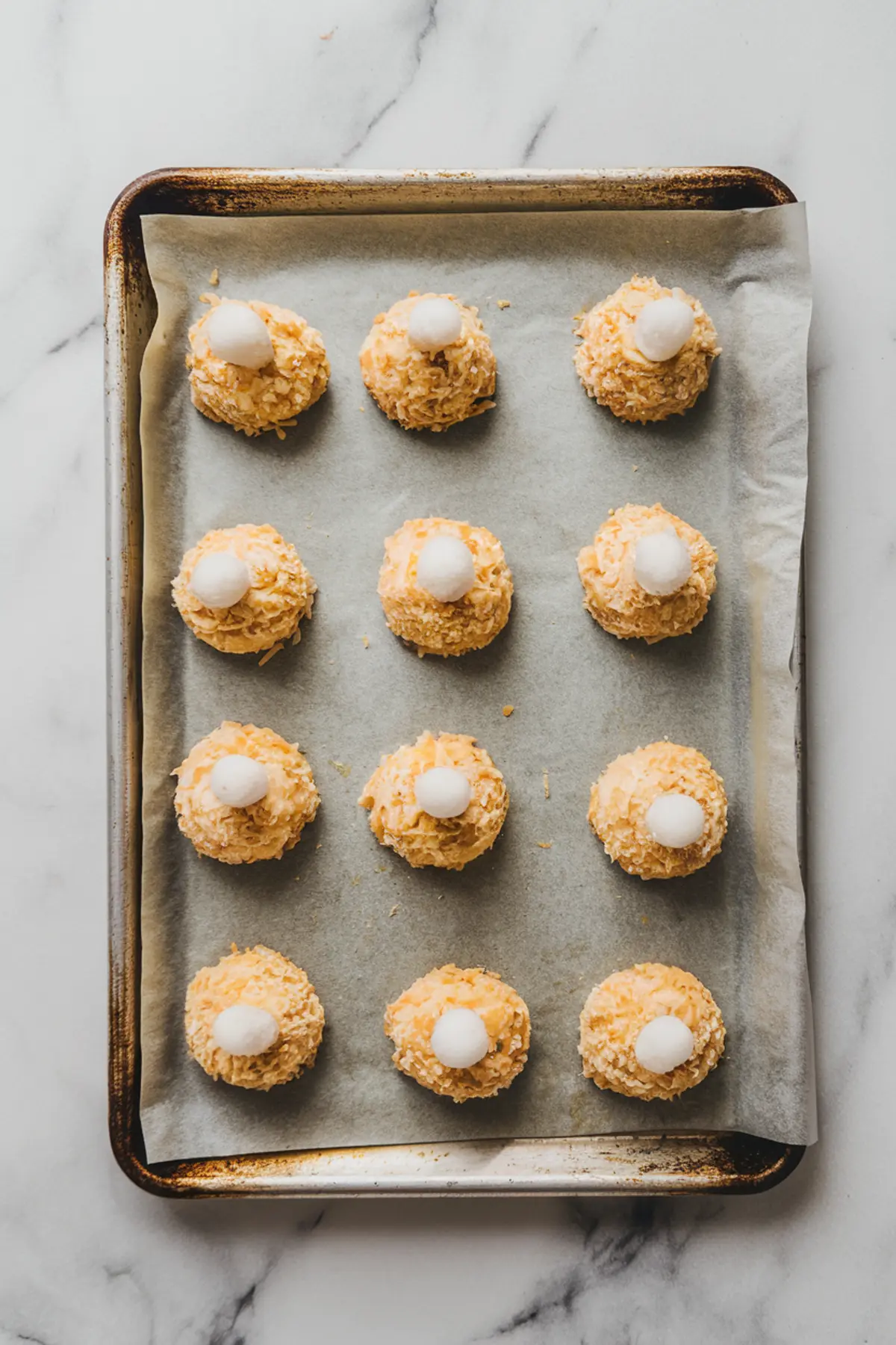 A baking sheet lined with parchment paper holding twelve golden brown coconut macaroons, each topped with a white chocolate sphere, fresh from the oven and evenly spaced.