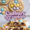 A collage featuring two images of Cadbury egg cookies. The top image shows soft-baked cookies with pastel-colored candy eggs on a white plate. The bottom image features a close-up of a stacked cookie, highlighting its gooey chocolate interior. The text “Cadbury egg cookies” is displayed in a decorative font.