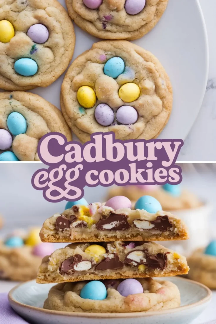 A collage featuring two images of Cadbury egg cookies. The top image shows soft-baked cookies with pastel-colored candy eggs on a white plate. The bottom image features a close-up of a stacked cookie, highlighting its gooey chocolate interior. The text “Cadbury egg cookies” is displayed in a decorative font.