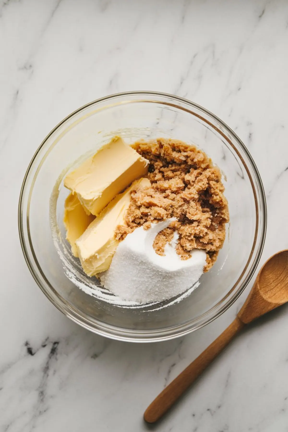 A glass bowl containing softened butter, granulated sugar, and brown sugar. A wooden spoon rests beside the bowl on a marble countertop, ready for mixing.