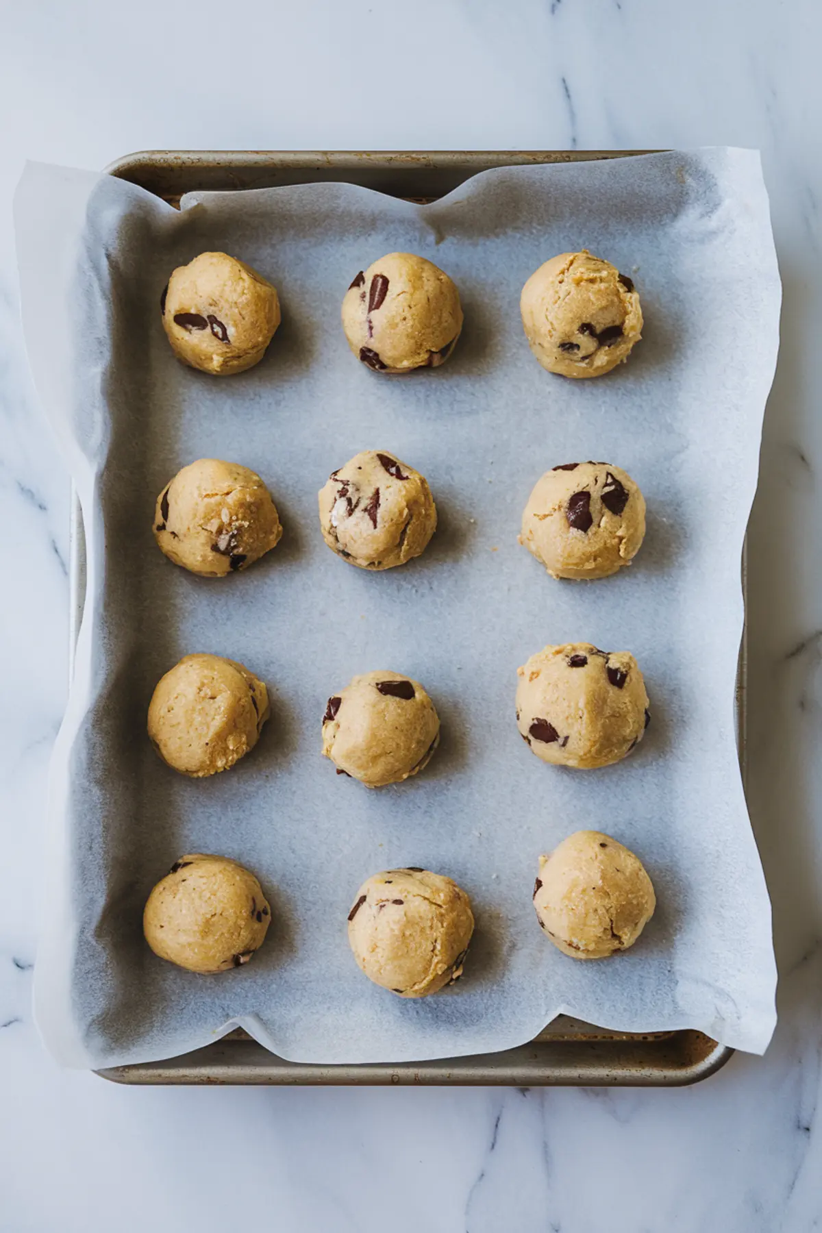 A baking sheet lined with parchment paper, holding evenly spaced balls of cookie dough with visible chocolate chunks. The raw dough balls are golden in color, ready to be baked.