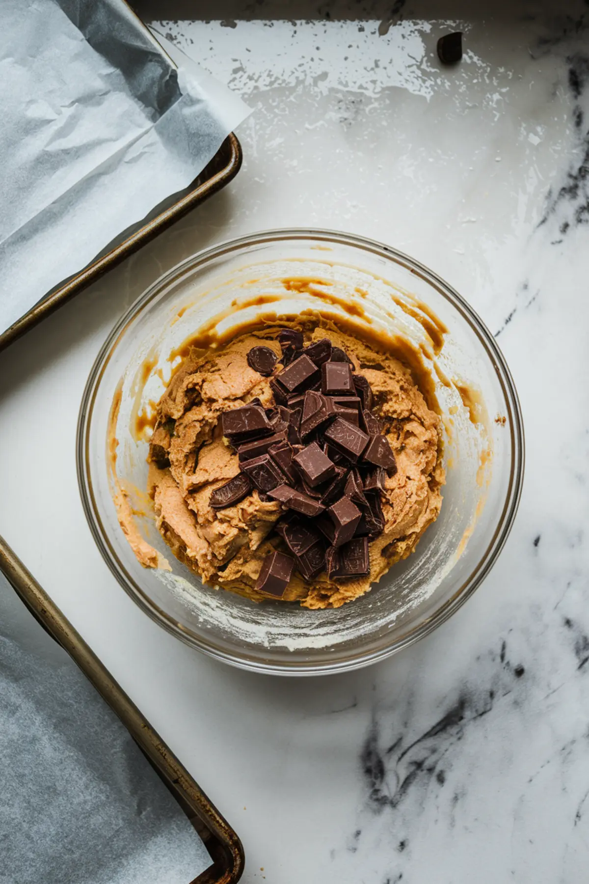 A glass mixing bowl filled with cookie dough, topped with chunks of dark chocolate. The dough appears thick and creamy, with a baking sheet lined with parchment paper nearby.