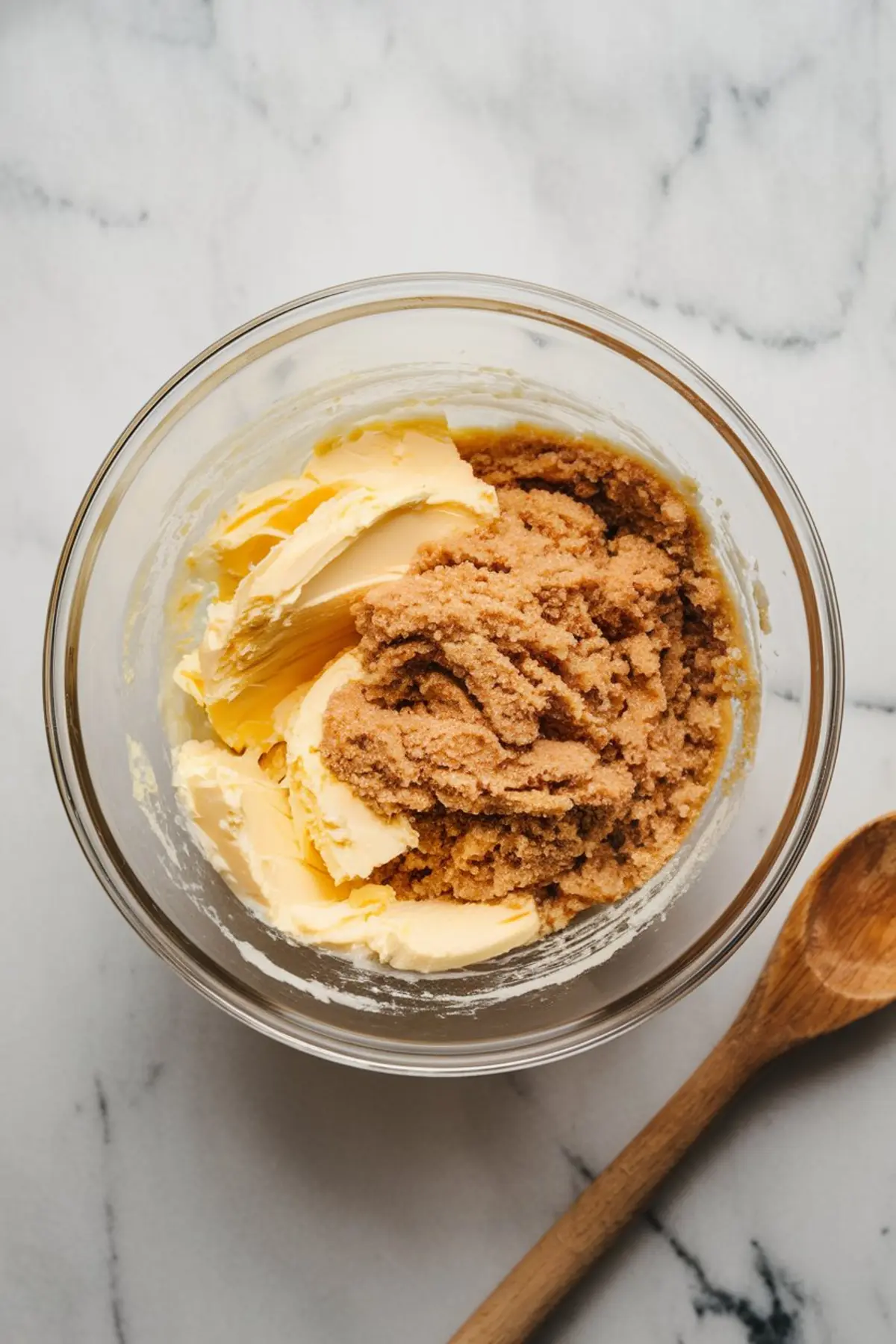 A glass mixing bowl with softened butter and brown sugar, partially mixed. A wooden spoon rests beside the bowl on a white marble surface.