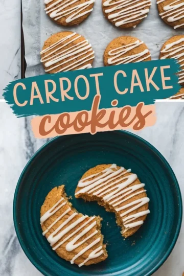 A collage featuring freshly baked carrot cake cookies with white icing drizzled on top. The cookies are placed on a baking sheet and a blue plate, where a broken cookie reveals its soft interior. The words “Carrot Cake Cookies” are overlaid in bold, colorful text.