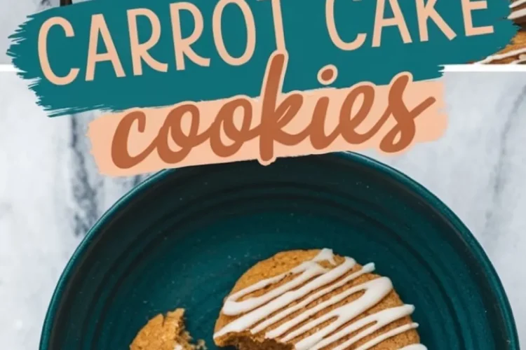 A collage featuring freshly baked carrot cake cookies with white icing drizzled on top. The cookies are placed on a baking sheet and a blue plate, where a broken cookie reveals its soft interior. The words “Carrot Cake Cookies” are overlaid in bold, colorful text.
