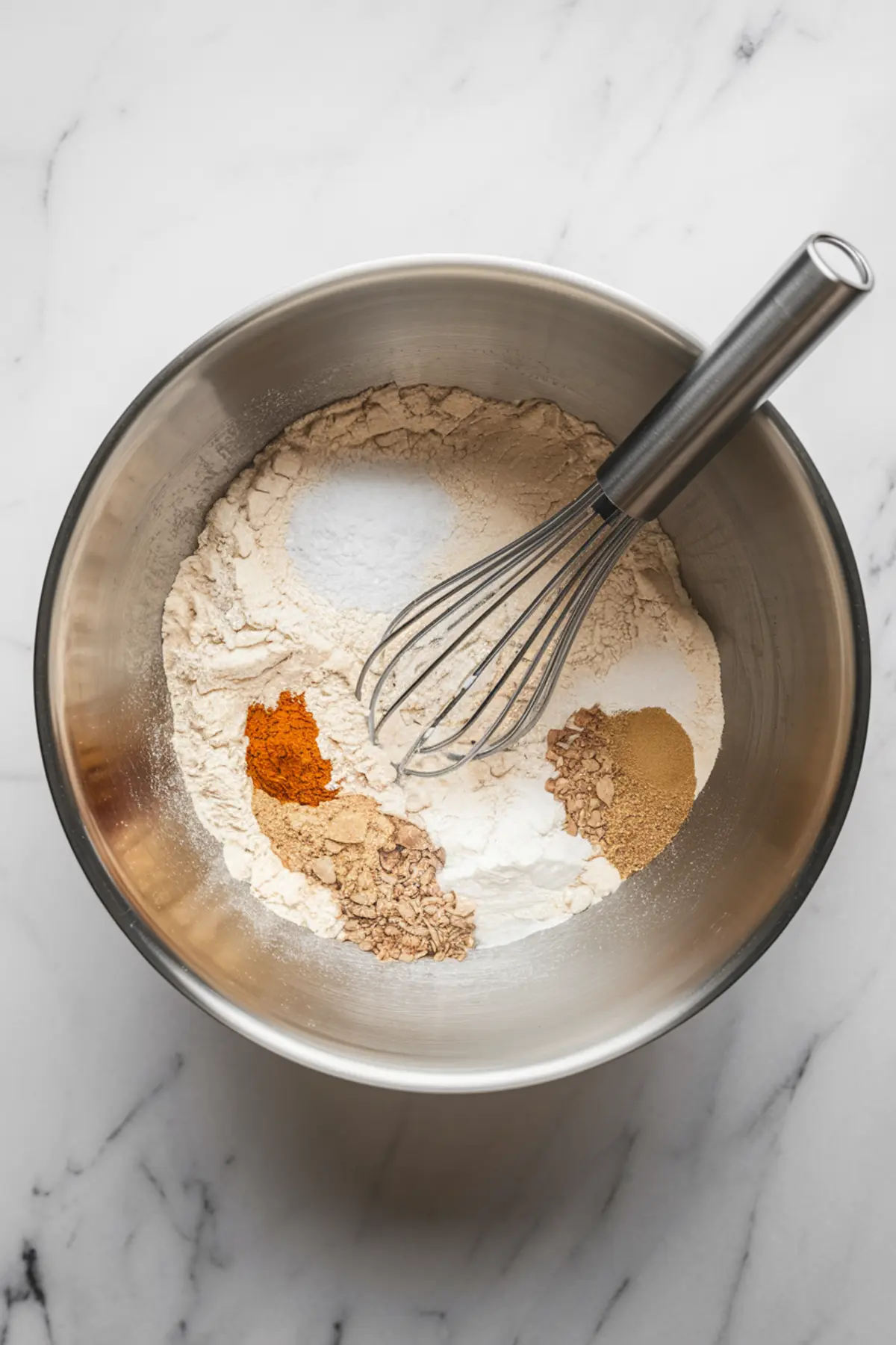 A stainless steel mixing bowl with flour, baking soda, and warm spices like cinnamon, ginger, and nutmeg. A metal whisk rests on the ingredients, ready for mixing. The bowl sits on a white marble countertop.